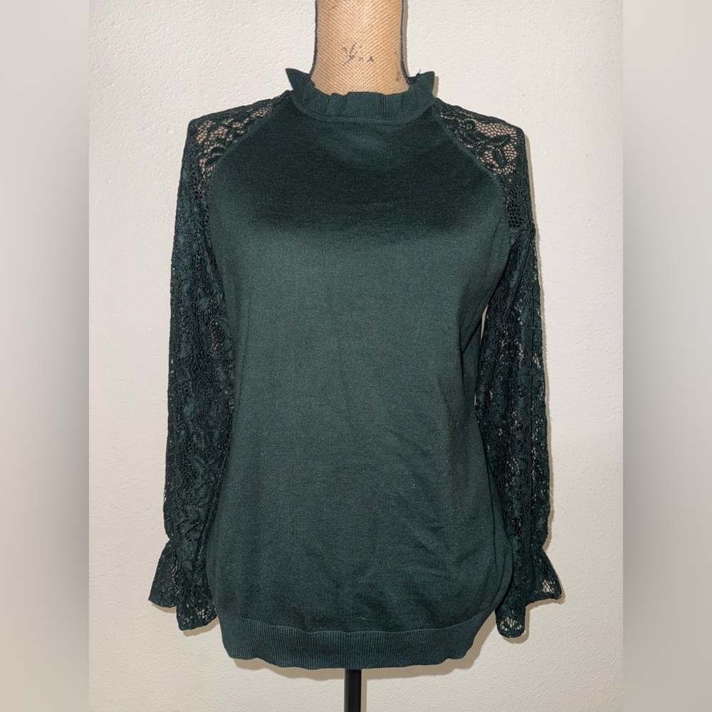 Adrianna Papell Dark Green Lace Sleeve Blouse